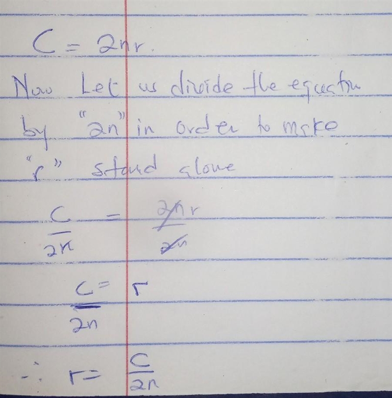 The formula C= 2nr is used to calculate the circumference of a circle. Solve this-example-1