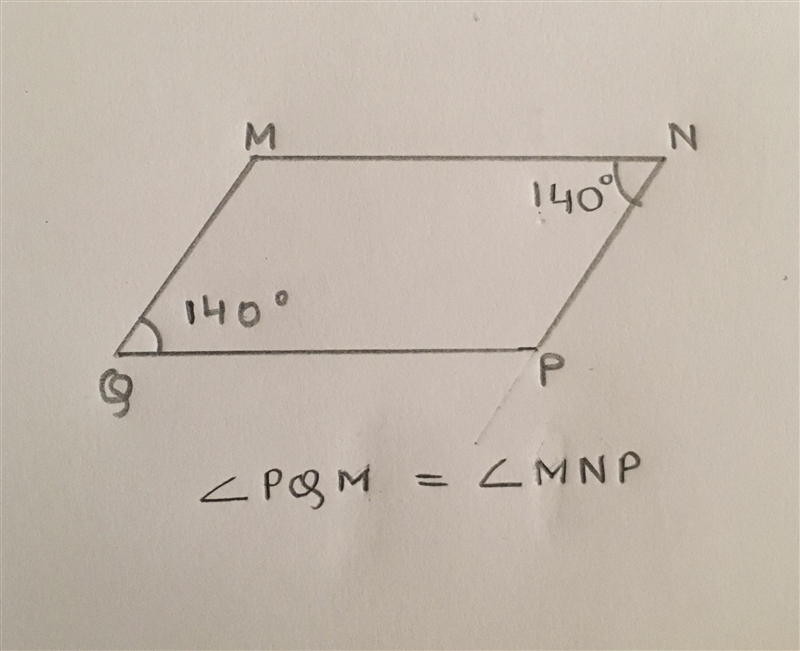 In parallelogram MNPQ if m/PQM = 140° find m/MNP.-example-1