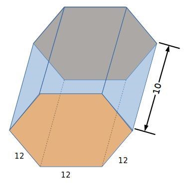 A regular hexagonal prism has an edge length 12 cm, and height 10 cm. Identify the-example-1