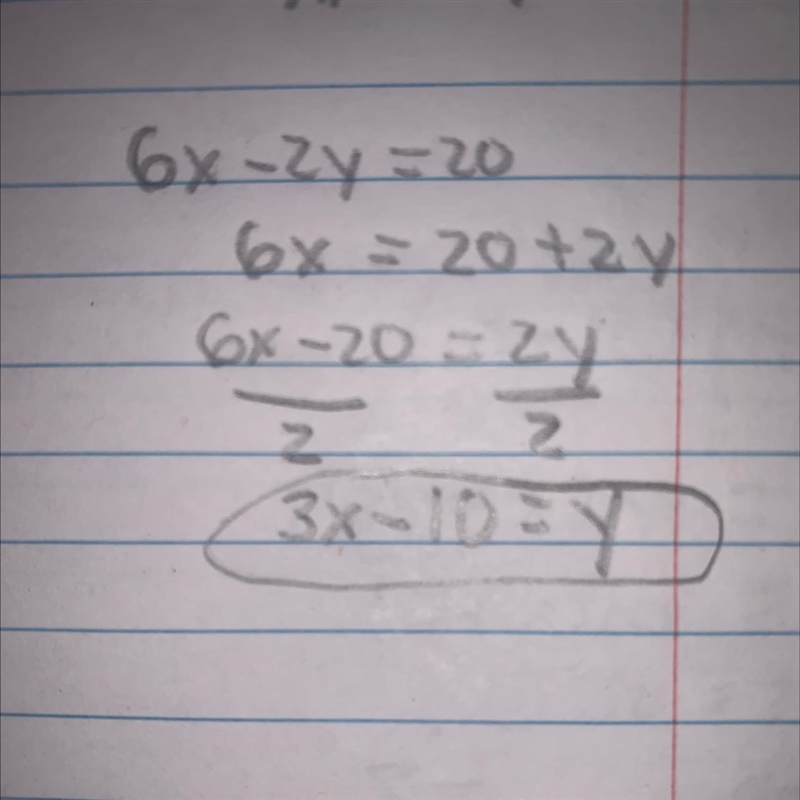 Convert the standard form equation into​ slope-intercept form. 6x-2y=-20-example-1