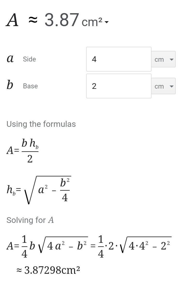 Find the area of a isosceles triangle with base 2cm and sides 4cm-example-1