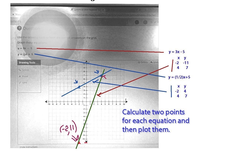 Use the drawing tools to form the correct answers on the grid. Graph these equations-example-1