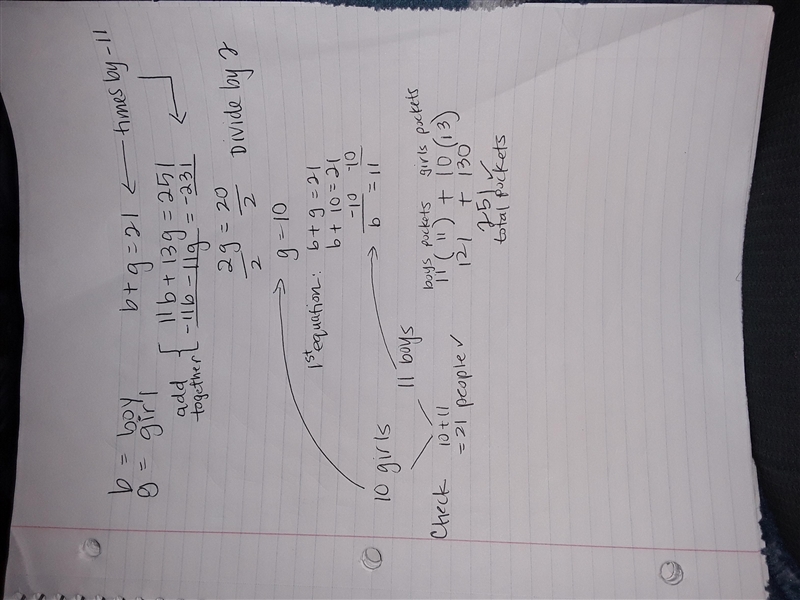 Each boy in a class has 11 pockets and each girl in a class has 13 pockets. How many-example-1