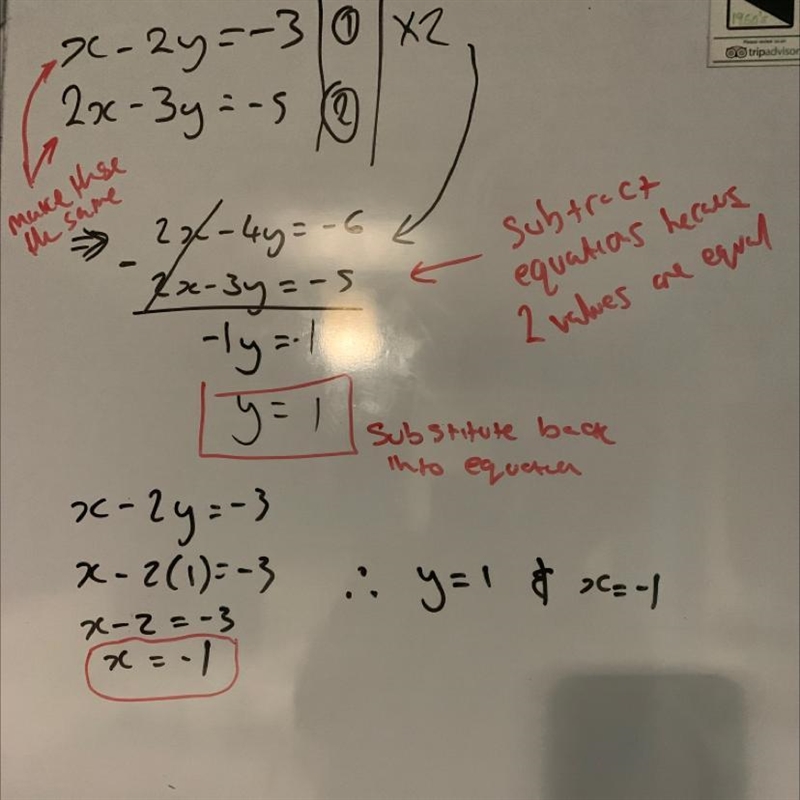 Can someone show me step by step on how to do this x-2y=-3 2x-3y=-5 SOLVE THIS BY-example-1