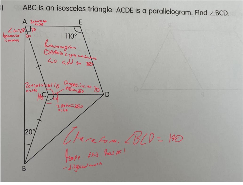 ABC is and isosceles triangle. ACDE is a parallelogram. Find BCD-example-1