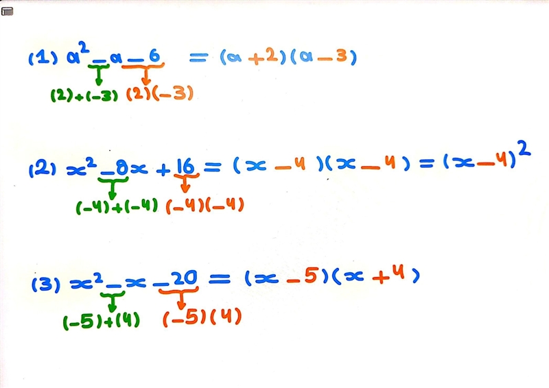 Factories 1) a²-a-6 2) x²-8x+16 3)x²-x-20​-example-1