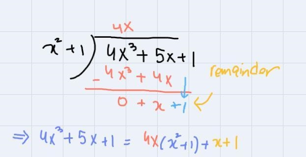 Express (4x3 + 5x + 1)/(x2 + 1) using long division method in the form q(x) + r(x-example-1