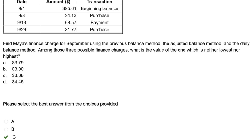 Maya’s credit card has an APR of 11. 84% and a billing cycle of 30 days. The table-example-1