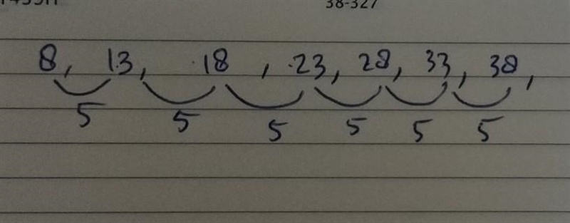 Which is the 7 th number in this pattern? 8,13,18,23,. . . (F) 28 (G) 33 (H) 38 ( I-example-1