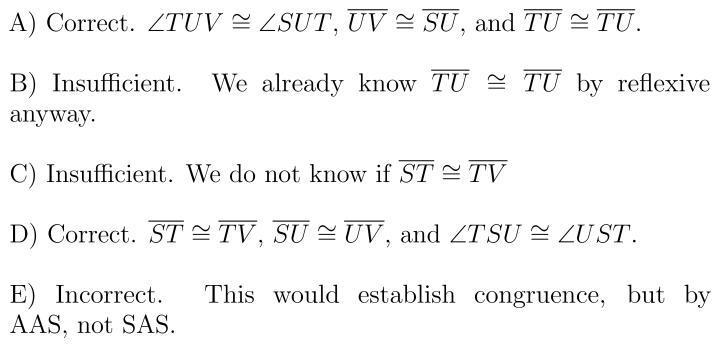 What additional information could you use to show that ΔSTU ≅ ΔVTU using SAS? Check-example-1