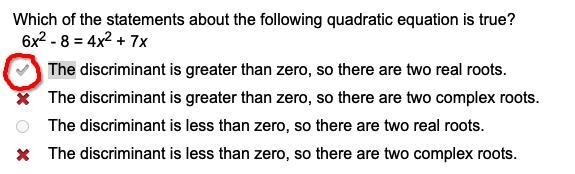 Which of the statements about the following quadratic equation is true? 6x2 - 8 = 4x-example-1