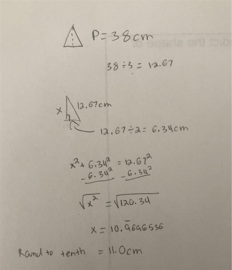 The perimeter of an equilateral triangle is 38 centimeters. Find the length of an-example-1