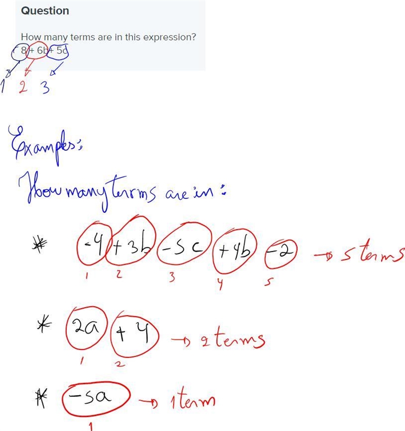 How many terms are in this expression? 8 + 6b+ 5c-example-1