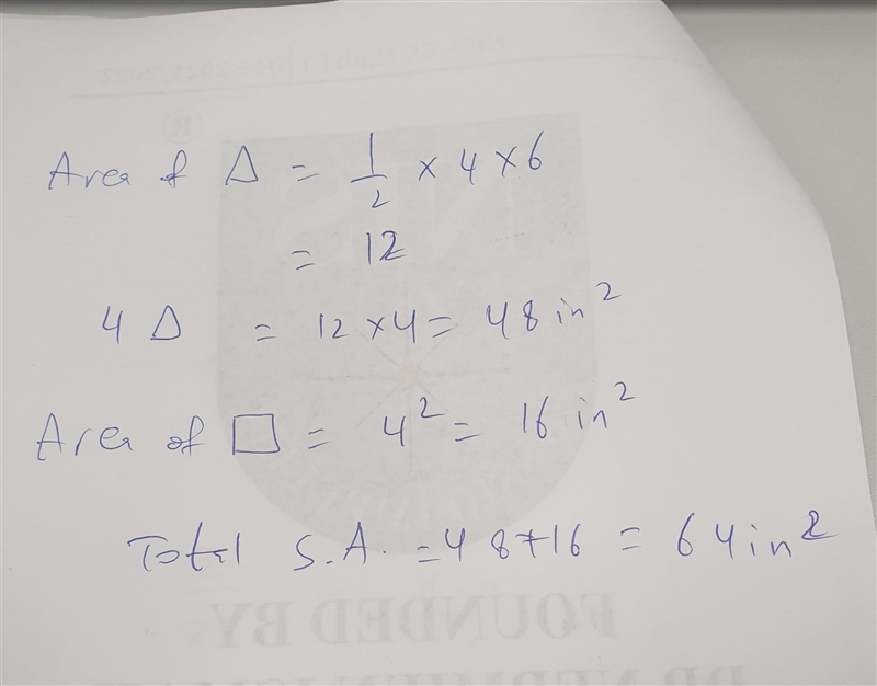 Find the surface area of the pyramid: A. 88 in. B. 118 in. C. 64 in. D. 56 in.-example-1