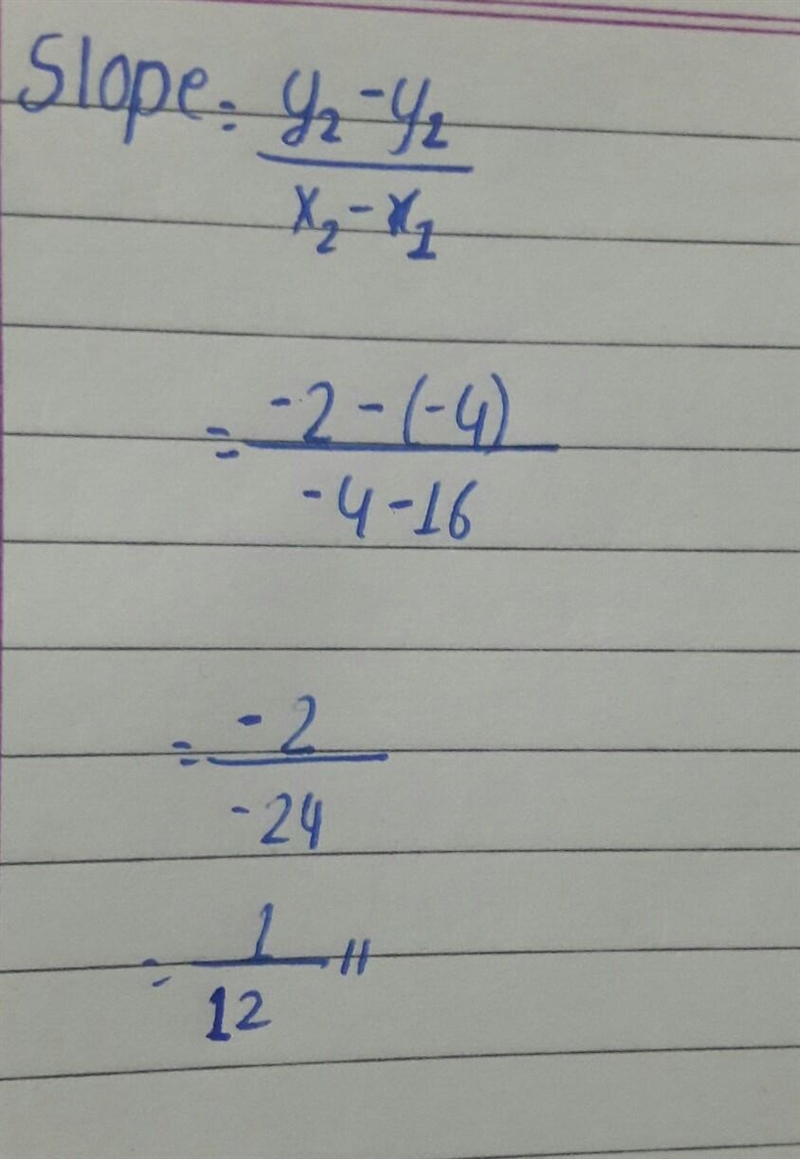 A graph contains the points (16,-4) and (-8, -2). What is the slope of the graph? 1/12 -1/12 -12 12-example-1