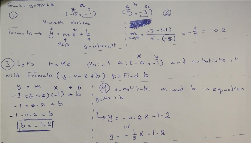 What is an equation of the line that passes through the points (-5, -1) and (5, -3)?-example-1