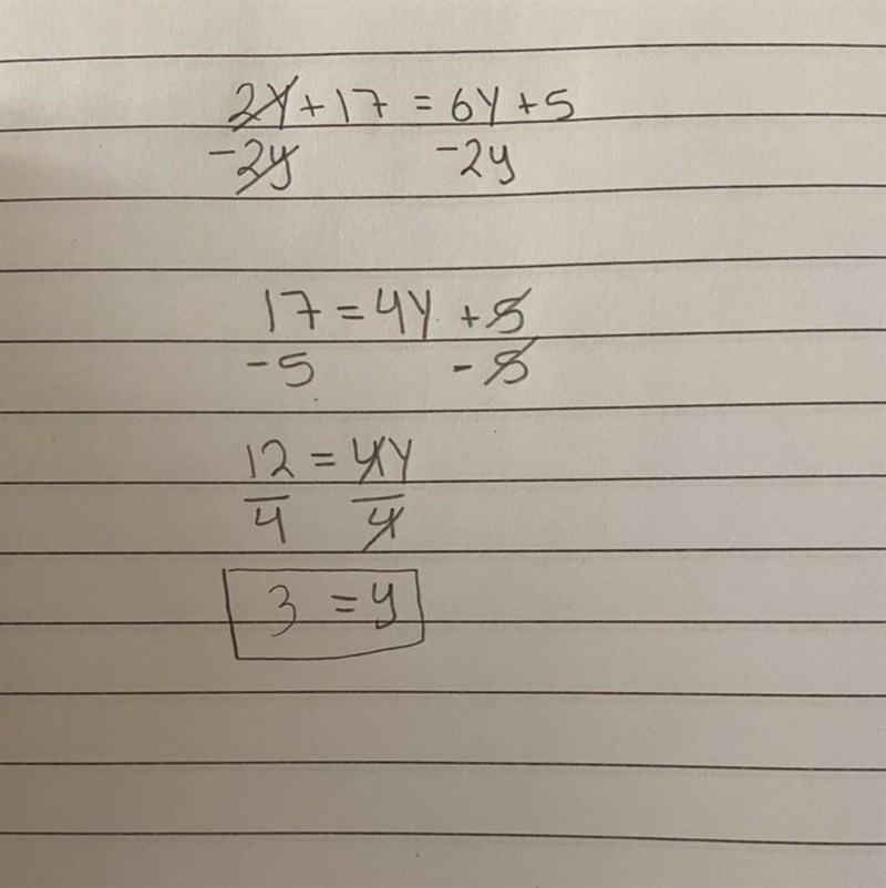 Solve 2y + 17 = 6y + 5-example-1