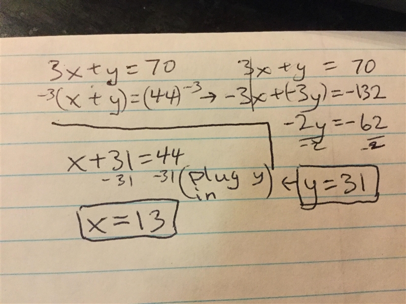 What is the solution of 3x+y=70 and x+y=44 using elimination-example-1