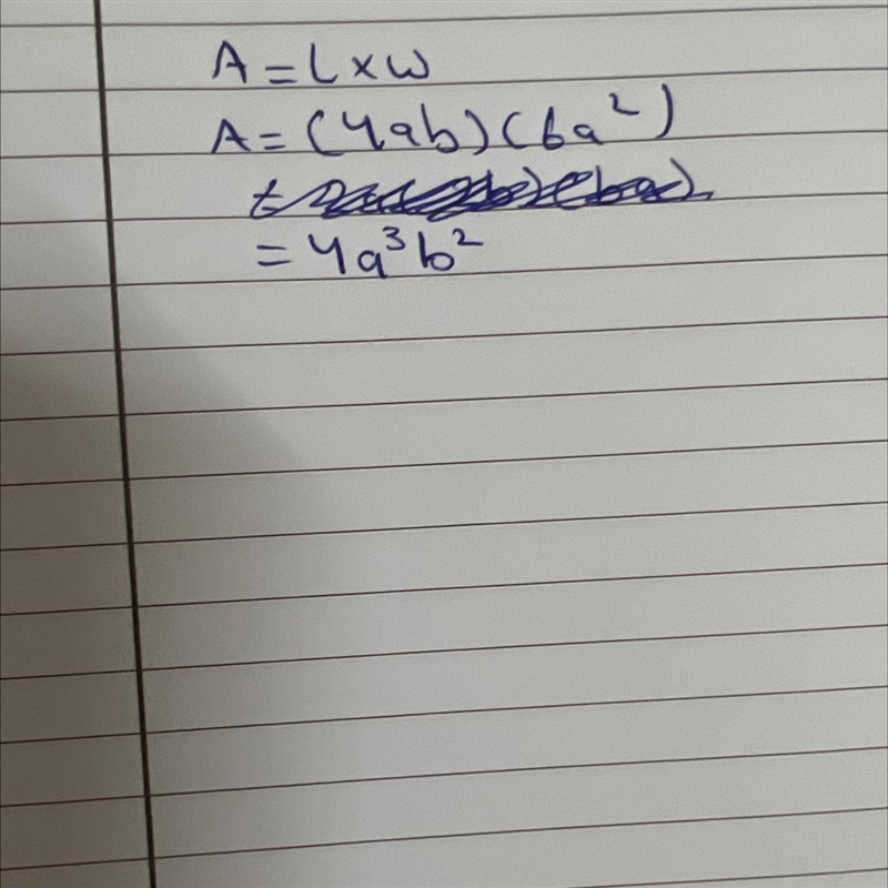 A rectangle has length 4ab cm and width 6a² cm. Write a simplified expression for-example-1