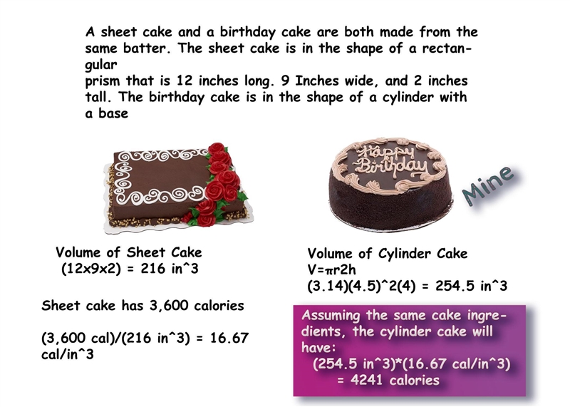 A sheet cake and a birthday cake are both made from the same batter. The sheet cake-example-1