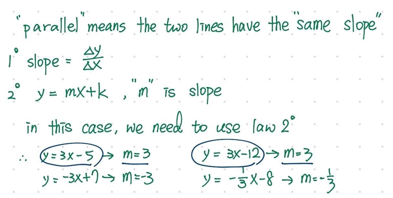 3. Two of the lines below are parallel. Which two? Justify your answer. y= 3x - 5 y-example-1