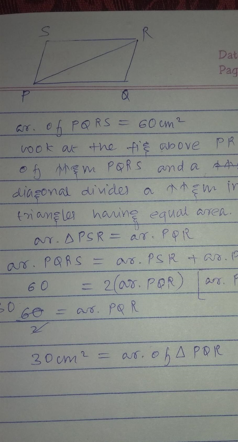 In the given figure, if the area of triangle TQR is 60cm, what is the area of the-example-1