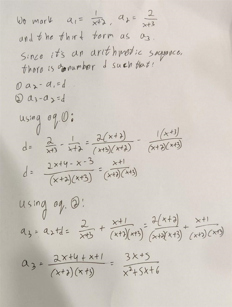 The first two terms of an arithmetic sequence are shown below. 1 2 x+2' x+3' ck to-example-1