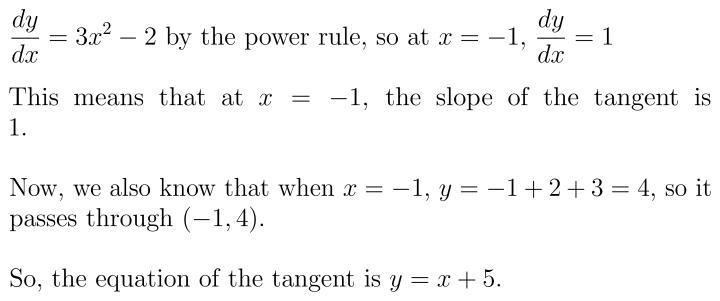 Write the equation of the line tangent to y = x^3 – 2x + 3 at x = -1.-example-1