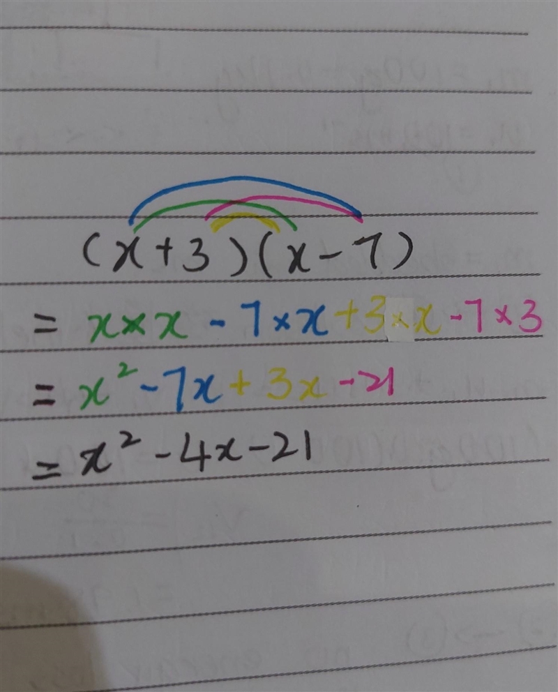 Distributive property (x+3)(x-7)-example-1