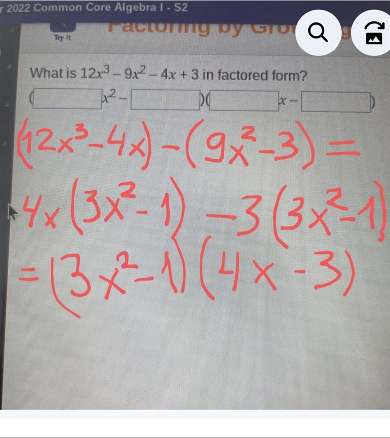 What is 12x³-9x² - 4x + 3 in factored form? ²-[ po kx- --example-1