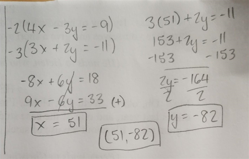 Solve the system of equation. 4x-3y=-9 3x+2y=-11-example-1