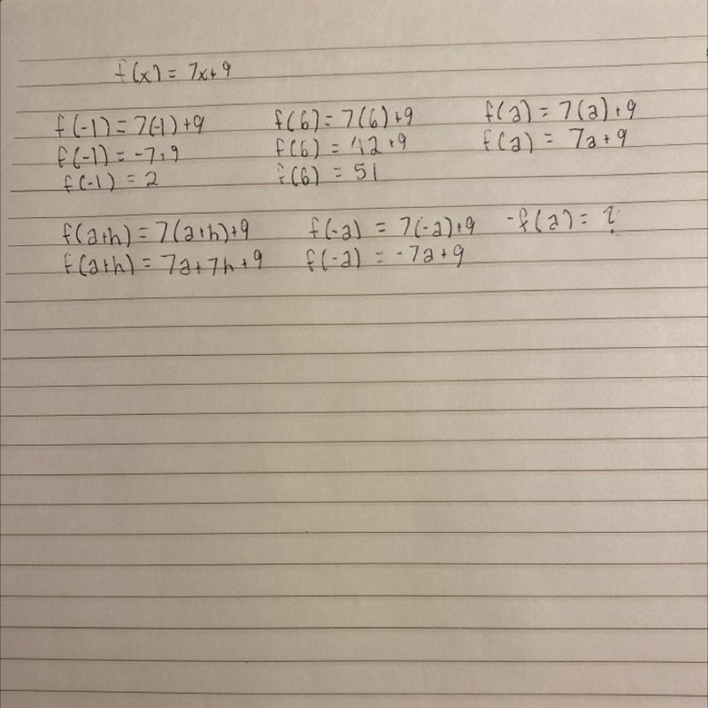 Evaluate f(x) = 7x+9 at each of the following values: f(-1)= f(6)= f(a)= f(a+h)= f-example-1