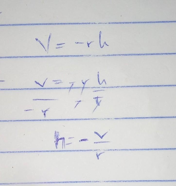 The formula for calculating the volume of a cone is V=-rh. Solve this formula for-example-1