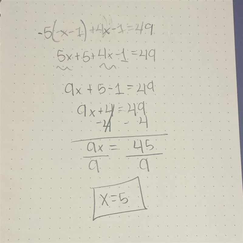 −5(−x−1)+4x−1= 49 solve for x-example-1