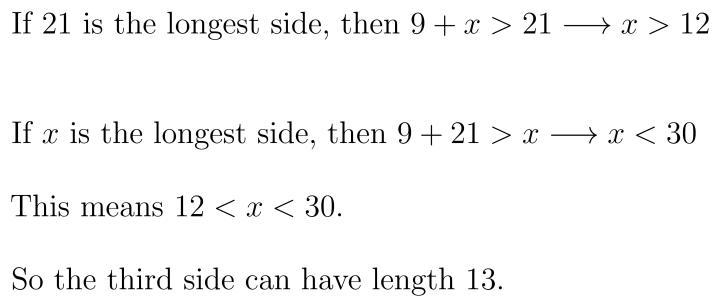 9. If two sides in one triangle are 9 and 21 , then the third side might be a) 9 b-example-1