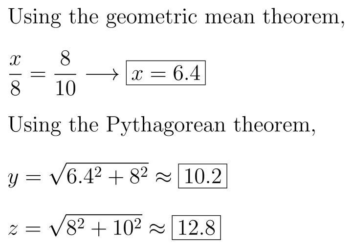 Solve for x, y and z. Round your answers to the nearest tenth.-example-1