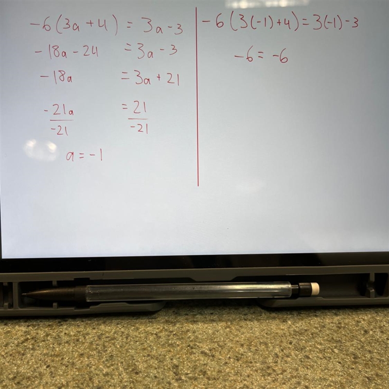 What is the sloution to the equation -6(3a+4)=3a-3-example-1