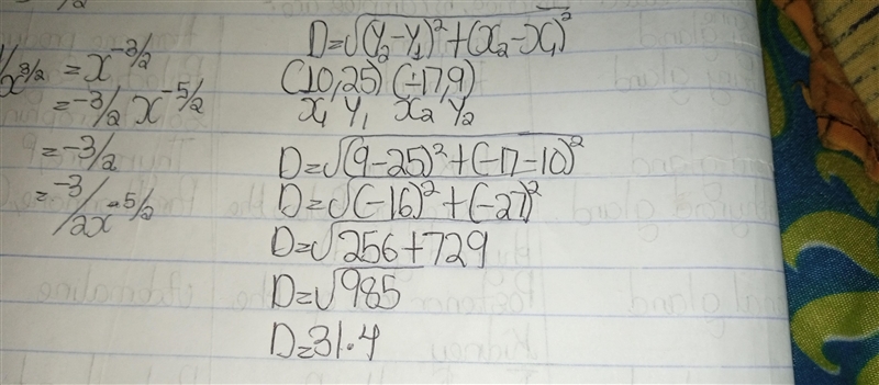 Find the distance between the pair of points (10,25) and (-17,9)-example-1