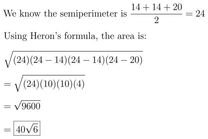 Find the area of a triangle with the side lengths 14, 14, and 20-example-1