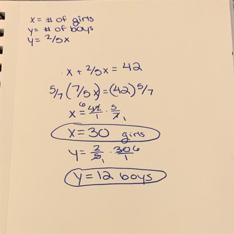 in a class of 42 students,the number of boys is 2/5 of the girls.find the number of-example-1