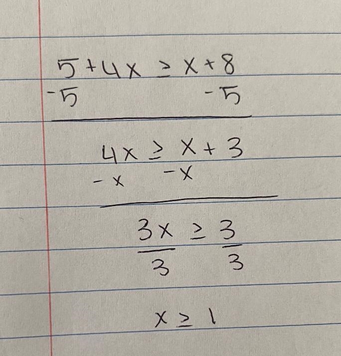 Solve Multi-step inequalities 5+4x ≥x+8-example-1