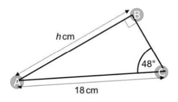 The diagram shows a right angled triangle. What is the value of h. Round to 1 decimal-example-1