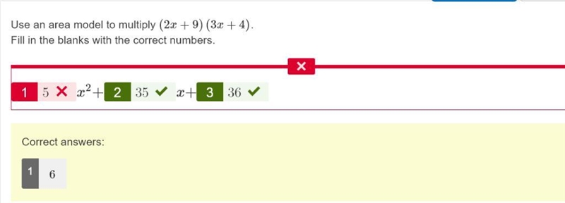 Use an area model to multiply (2x + 9) (3x + 4). Fill in the blanks with the correct-example-1