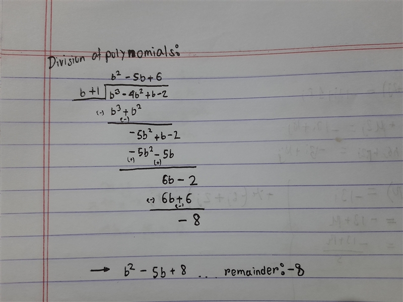 Simplify (b^3 - 4b^2 + b - 2) ÷ (b + 1)​-example-1