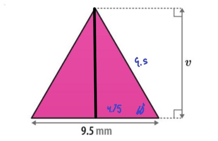 Use trigonometry to work out the height, v, of the equilateral triangle below. Give-example-1