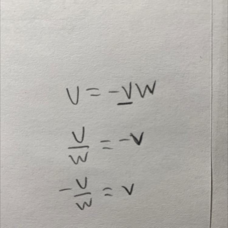 Solve for v in terms of u and w. u= –vw-example-1