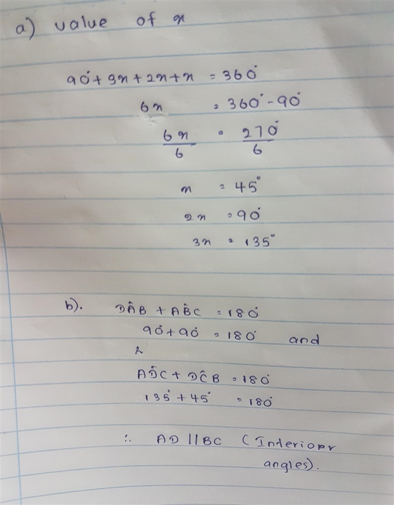 ABCD is a quadrilateral. a) Calculate the value of x. D 3xº 2xº b) When ABCD is drawn-example-1