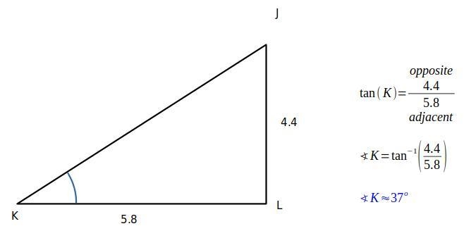 In ΔJKL, the measure of ∠L=90°, JK = 5. 8 feet, and LJ = 4. 4 feet. Find the measure-example-1