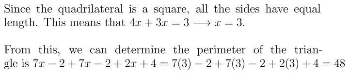 The square and triangle shown below have the same perimeter. What is the perimeter-example-1