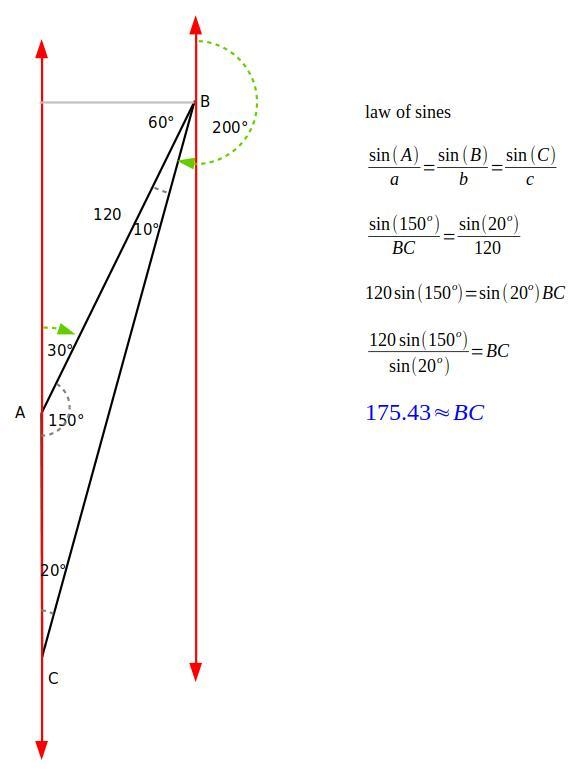 Calculate the distance from port B to port C-example-1